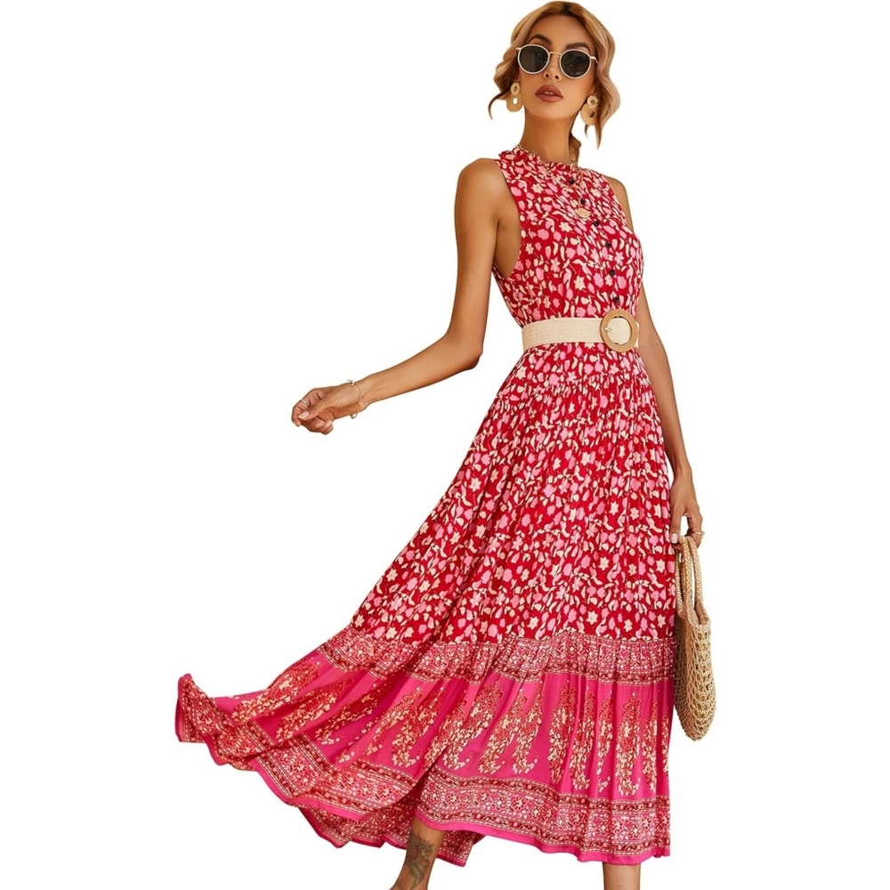 R.Vivimos Maxi Dress Sleeveless Floral Print Button Up Bohemian Flowy  Medium